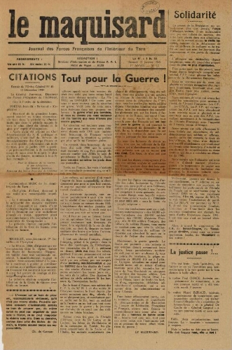 Maquisard : journal des Forces françaises de l'intérieur du Tarn (Le), n°12, 13 janvier 1945