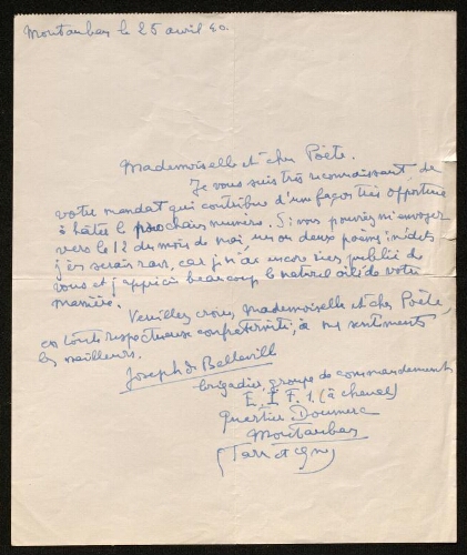 Lettre de Joseph de Belleville à Louisa Paulin, le 25 avril 1940