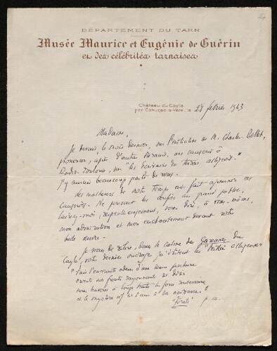 Lettre de Jean Calvet à Louisa Paulin, le 28 février 1943