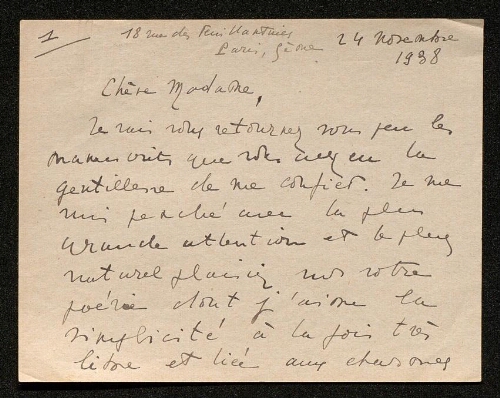 Lettre de Philippe Chabaneix à Louisa Paulin, le 24 novembre 1938
