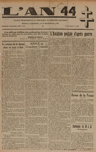 An 44 : organe départemental du mouvement de libération nationale (L'), n°4, 26 novembre 1944