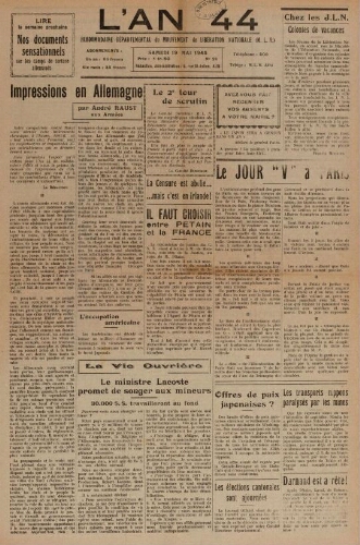 An 44 : organe départemental du mouvement de libération nationale (L'), n°26, 19 mai 1945