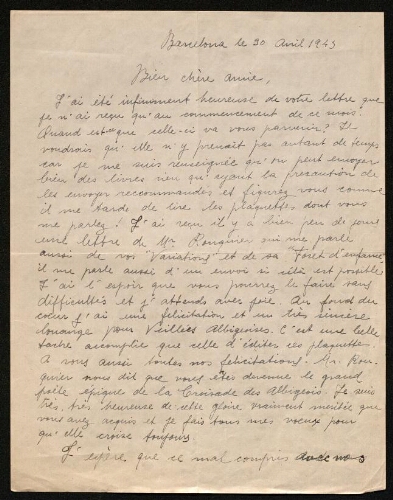 Lettre d'Asunción Massanès à Louisa Paulin, le 30 avril 1943