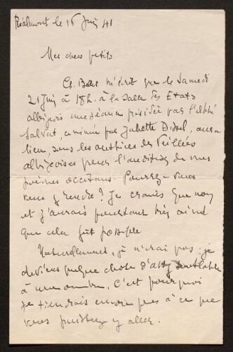 Lettre de Louisa Paulin à René Rouquier, le 16 juin 1941