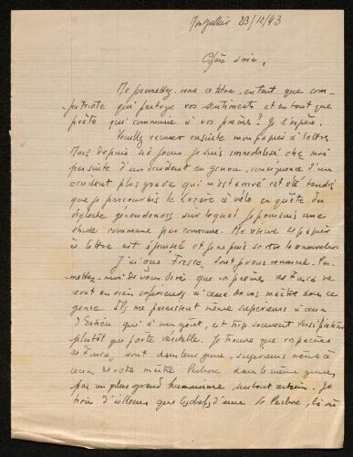 Lettre de Charles Camproux à Louisa Paulin, le 23 décembre 1943