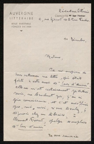 Lettre de L'Auvergne littéraire à Louisa Paulin, le 11 décembre 1943