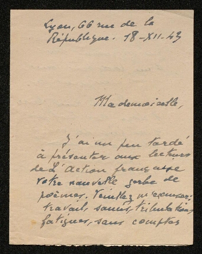 Lettre de René Brécy à Louisa Paulin, le 18 décembre 1943