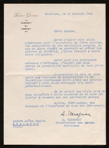 Lettre d'André Varagnac à Louisa Paulin, le 11 octobre 1941