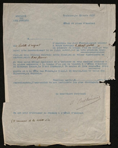 Lettre du comte d'Adhémar à Louisa Paulin, le 19 mars 1938