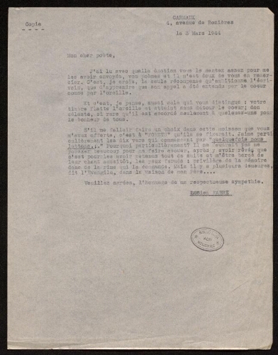 Lettre de Lucien Fabre à Louisa Paulin, le 3 mars 1944