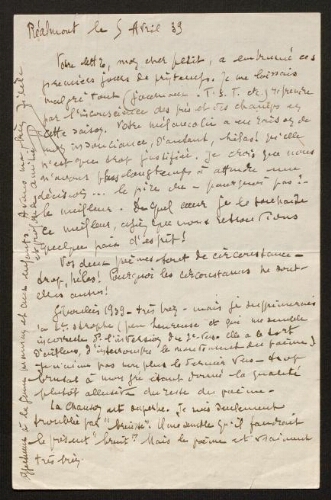 Lettre de Louisa Paulin à René Rouquier, le 5 avril 1939