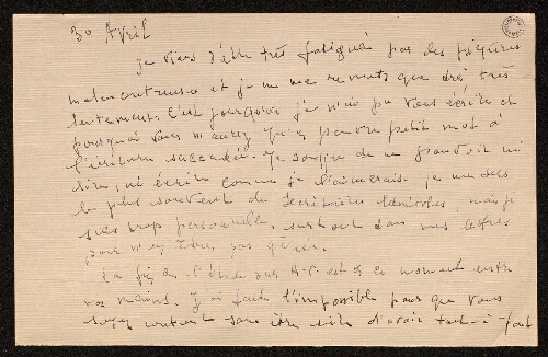 Lettre de Louisa Paulin à Charles Bellet, le 30 avril 1942
