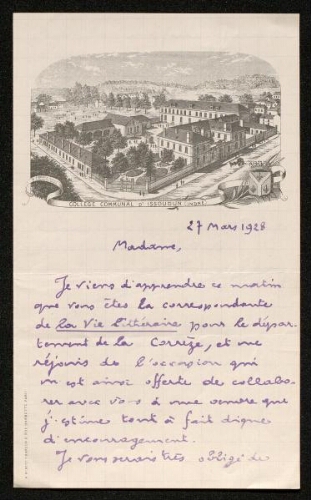 Lettre de Pierre Legrand (pour La Vie artistique et littéraire en province), le 27 mars 1928