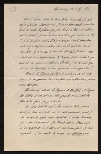 Lettre d'Antonin Perbosc à Louisa Paulin, le 15 novembre 1937