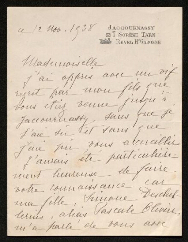 Lettre de Barrau de Muratel (mère de Pascale Olivier) à Louisa Paulin, le 12 novembre 1938