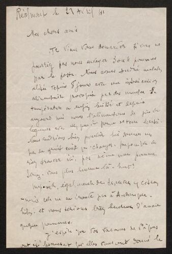 Lettre de Louisa Paulin à René Rouquier, le 23 avril 1941