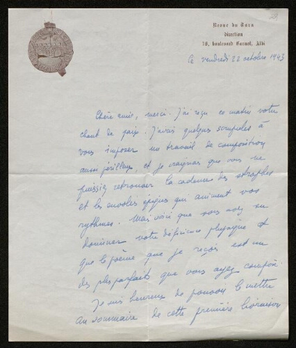 Lettre de Charles Bellet à Louisa Paulin, le 22 octobre 1943
