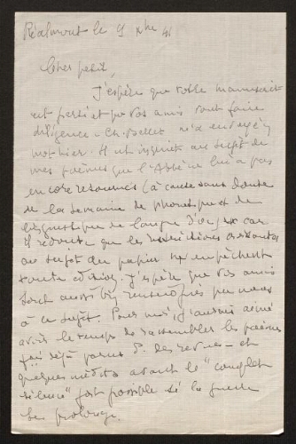 Lettre de Louisa Paulin à René Rouquier, le 9 décembre 1941