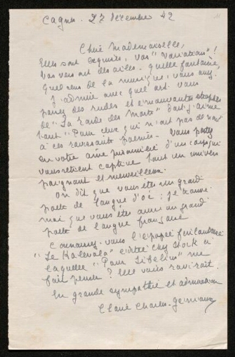 Lettre de Claire Charles-Géniaux à Louisa Paulin, le 27 décembre 1942