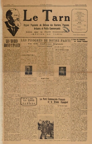 Tarn : Organe populaire de défense des ouvriers, paysans, artisans et petits commerçants (Le), n°1, 9 janvier 1937