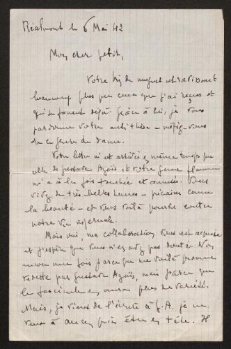 Lettre de Louisa Paulin à René Rouquier, le 6 mai 1942