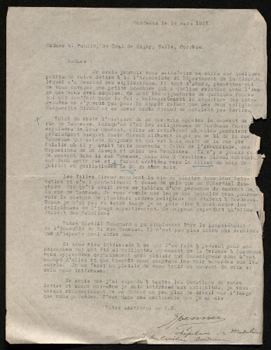 Lettre de Ferdinand Spenner à Louisa Paulin, le 14 mars 1925