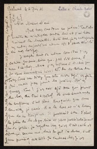 Lettre de Louisa Paulin à Charles Bellet, le 2 juin 1941