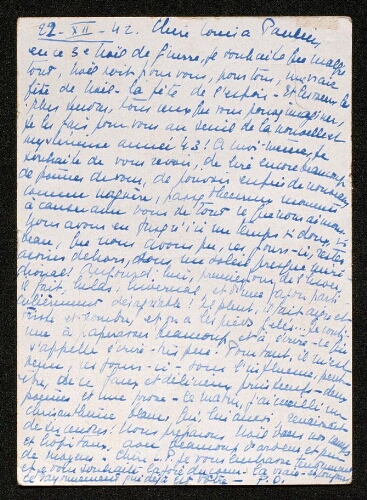 Lettre de Pascale Olivier à Louisa Paulin, le 22 décembre 1942