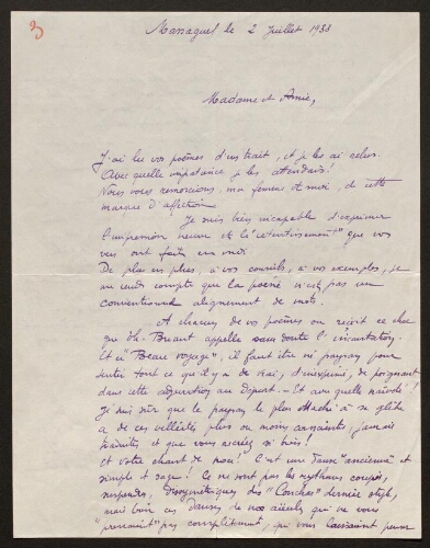 Lettre de René Rouquier à Louisa Paulin, le 2 juillet 1938