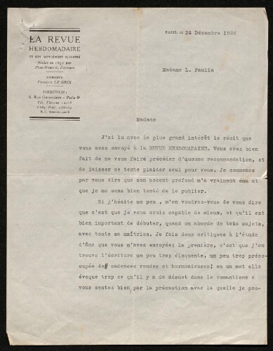 Lettre de la Revue hebdomadaire à Louisa Paulin, le 24 décembre 1926