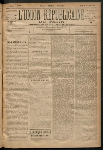 Union républicaine du Tarn (L’), 1 août 1891