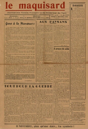 Maquisard : journal des Forces françaises de l'intérieur du Tarn (Le), n°5, 11 novembre 1944