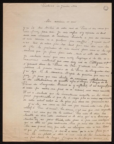 Lettre de Louisa Paulin à Charles Bellet, le 11 janvier 1944