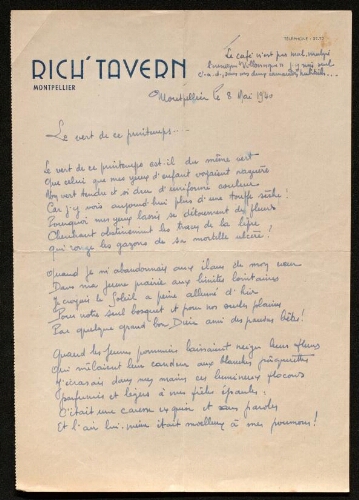Lettre de René Rouquier à Louisa Paulin, le 8 mai 1940