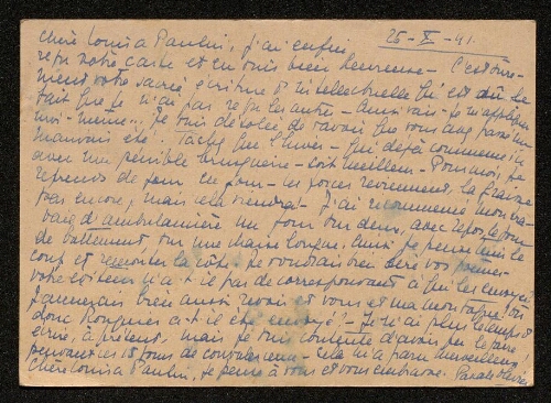 Lettre de Pascale Olivier à Louisa Paulin, le 26 octobre 1941