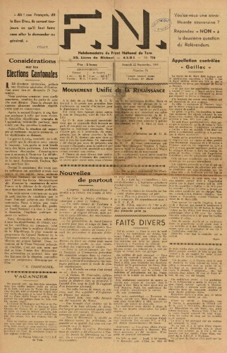 F.N. : hebdomadaire du Front national du Tarn, n°56, 22 septembre 1945