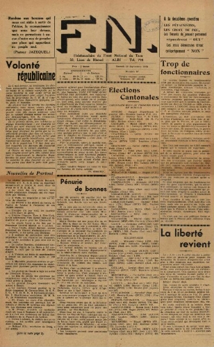 F.N. : hebdomadaire du Front national du Tarn, n°57, 29 septembre 1945