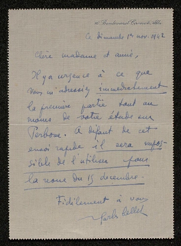Lettre de Charles Bellet à Louisa Paulin, le 1er novembre 1942
