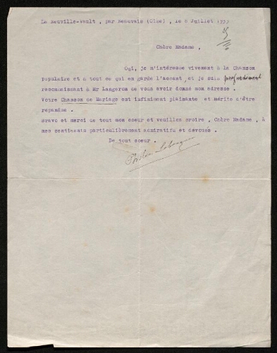 Lettre de Philéas Lebesgue à Louisa Paulin, le 8 juillet 193.