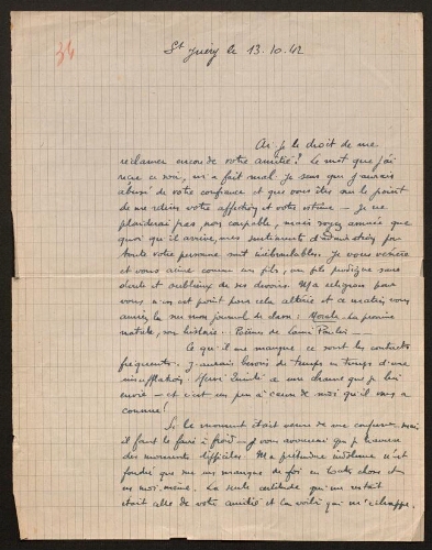 Lettre de René Rouquier à Louisa Paulin, le 13 octobre 1942