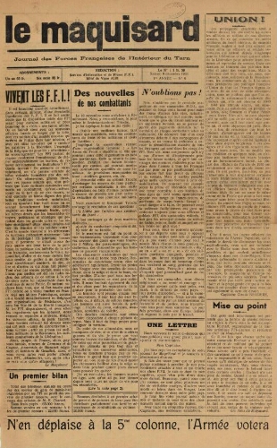Maquisard : journal des Forces françaises de l'intérieur du Tarn (Le), n°9, 9 décembre 1944