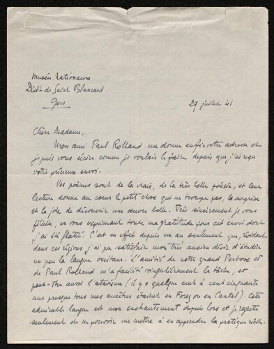 Lettre d'André Varagnac à Louisa Paulin, le 29 juillet 1941