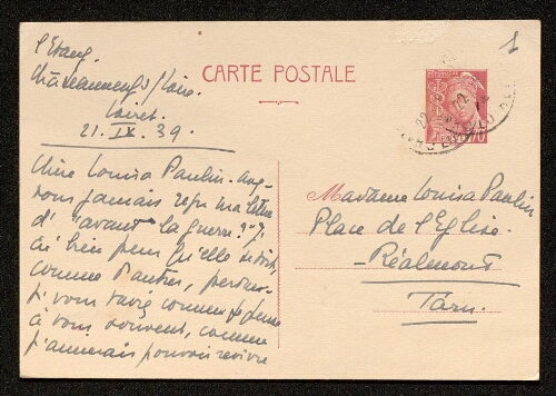 Lettre de Pascale Olivier à Louisa Paulin, le 21 septembre 1939