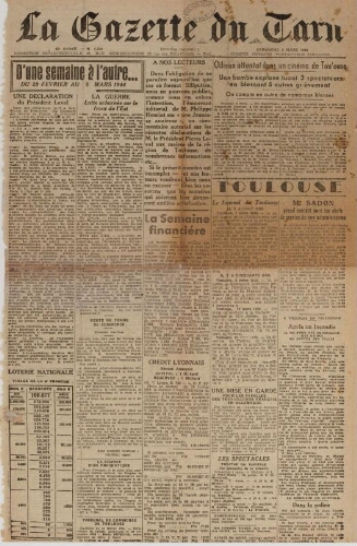 Gazette du Tarn : organe populaire de la défense sociale et des libertés publiques (La),  n°2274, 5 mars 1944