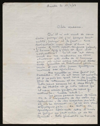 Lettre de Gaston Puel à Louisa Paulin, le 17 juin 1943