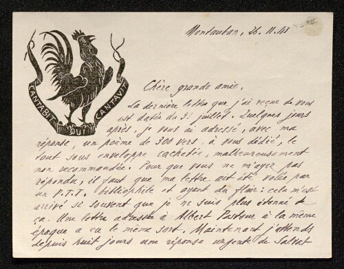 Lettre d'Antonin Perbosc à Louisa Paulin, le 26 novembre 1941