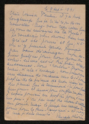 Lettre de Pascale Olivier à Louisa Paulin, le 9 septembre 1941