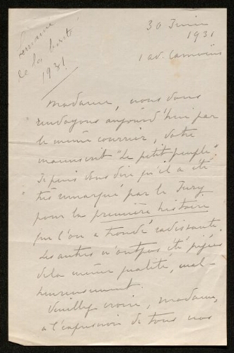 Lettre de Mallet à Louisa Paulin, le 30 juin 1931