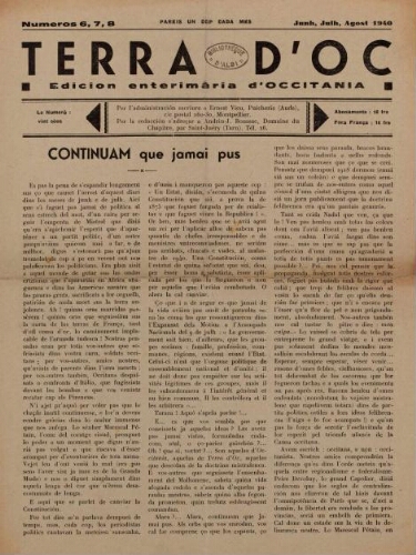Terra d'Oc, n°6-7-8, juin-juillet-août 1940