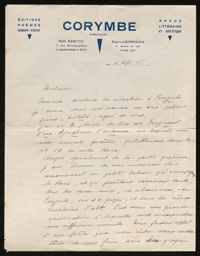 Lettre de Corymbe à Louisa Paulin, le 4 septembre 1936